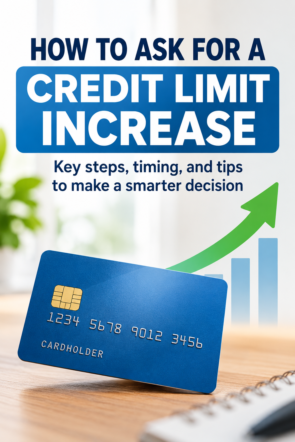 Blue credit card with an upward green arrow illustrating how to request a credit limit increase and make smarter credit decisions.