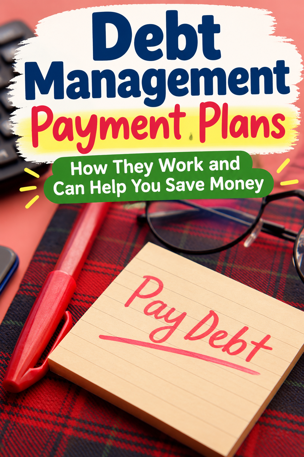 Pinterest graphic about debt management payment plans featuring a Pay Debt notepad, red pen, and tips for saving money.