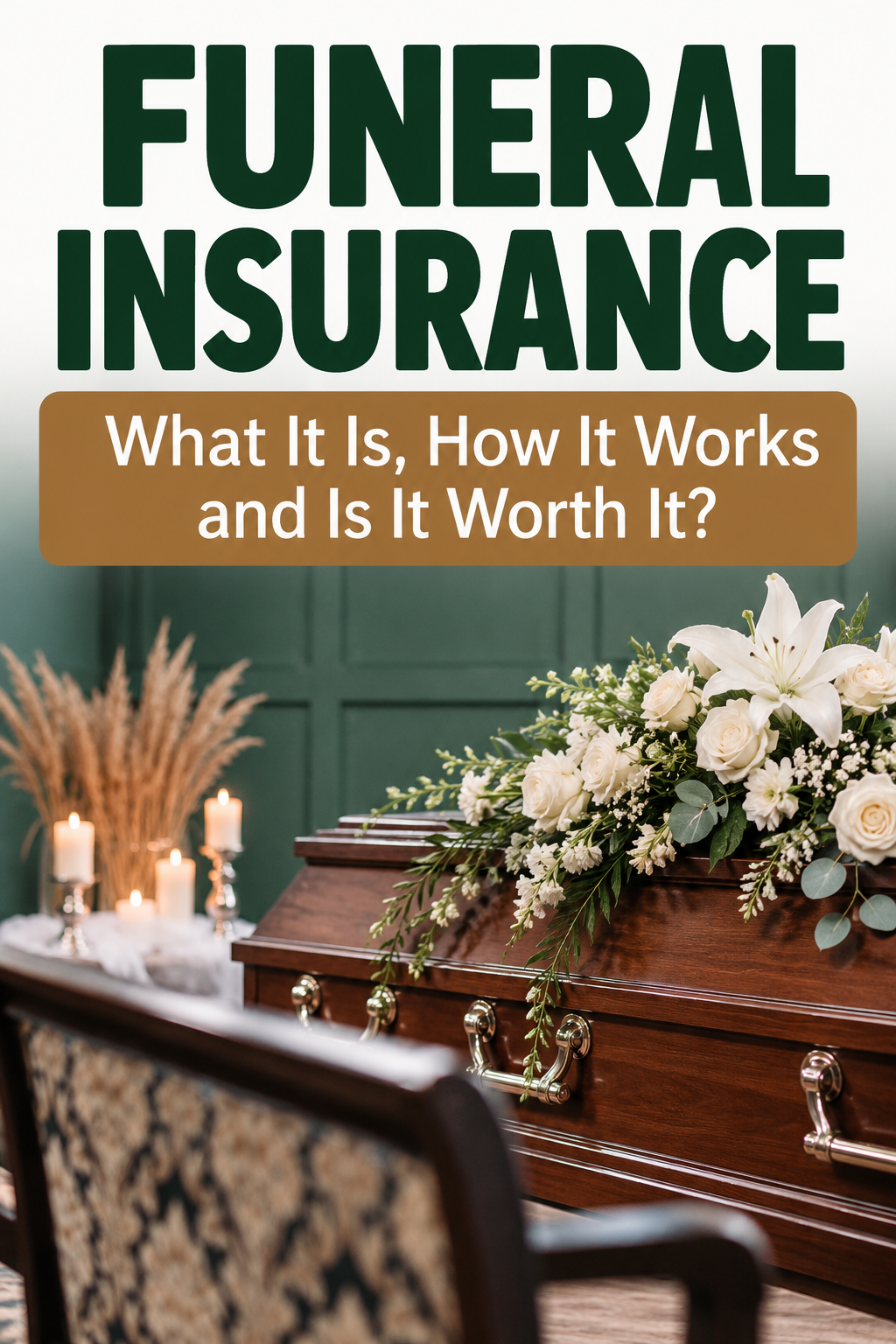 Pinterest graphic about funeral insurance featuring a wooden casket with white flowers and candles, explaining how funeral insurance works and whether it's worth the cost.
