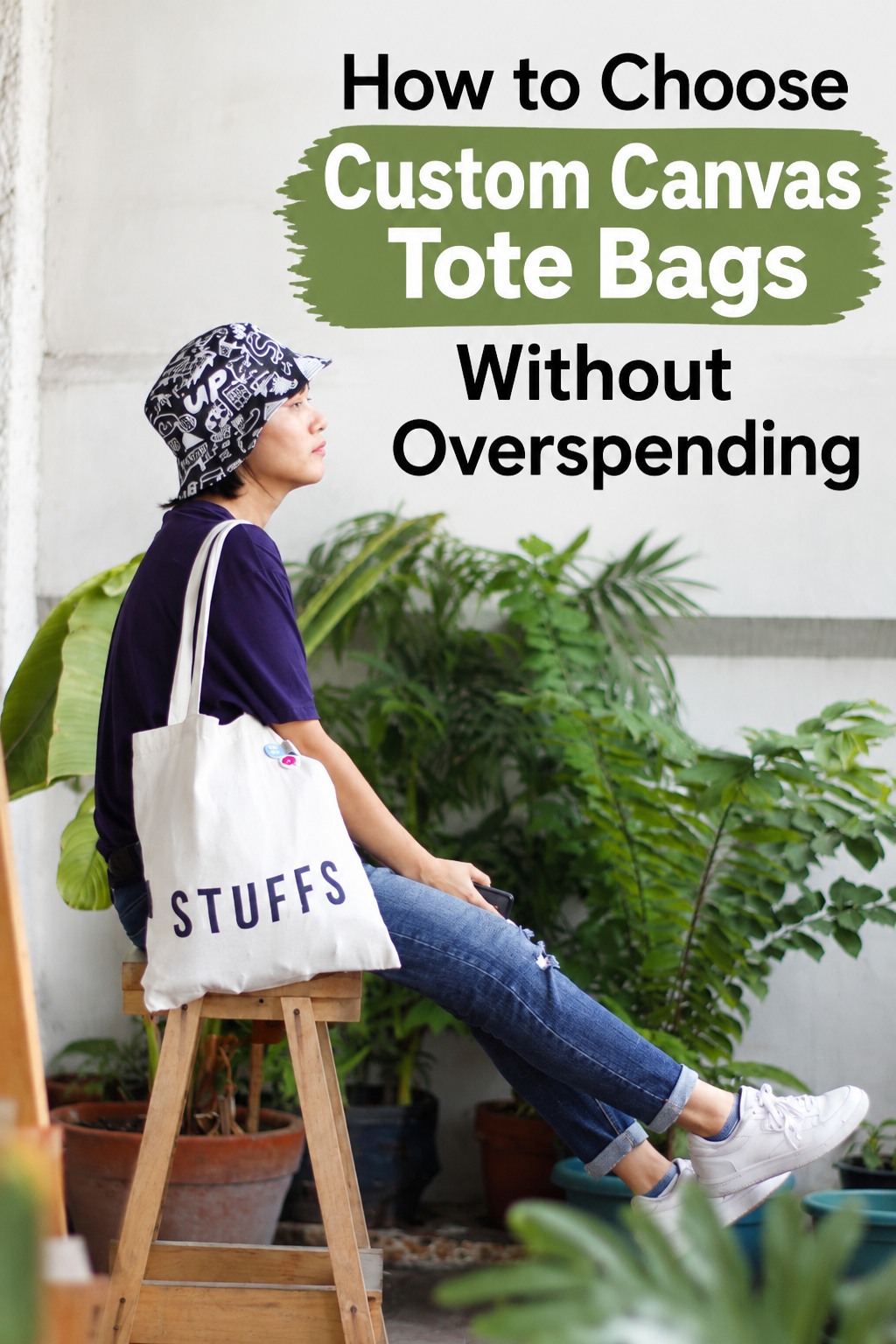 Pinterest graphic featuring a woman carrying a white canvas tote bag with tips for choosing custom canvas tote bags on a budget.
