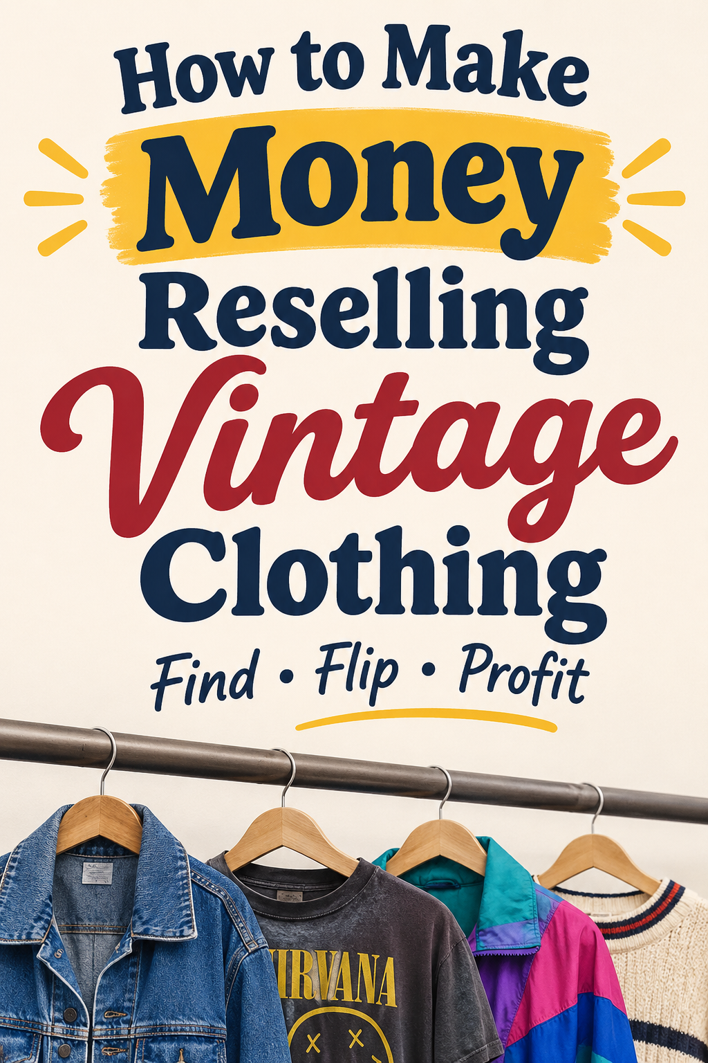 Pinterest graphic featuring vintage clothing on hangers, including denim, graphic tees, and retro jackets, with tips for making money reselling vintage clothing.