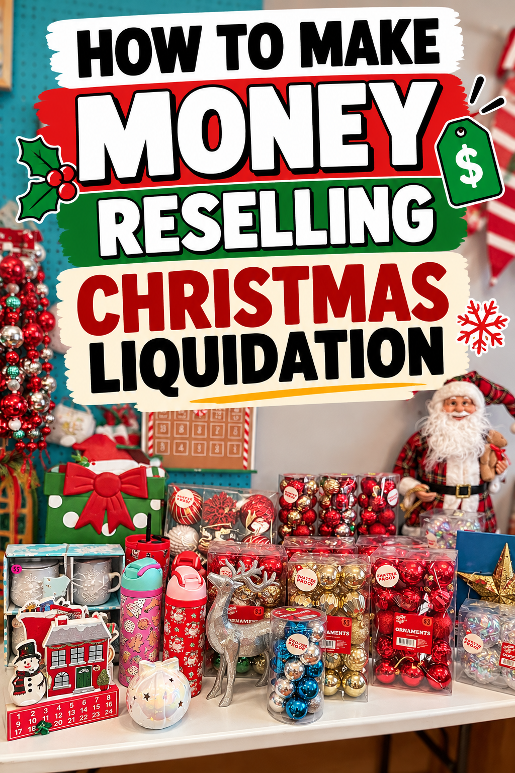 Pinterest graphic featuring Christmas ornaments and holiday decorations with text about making money reselling Christmas liquidation.