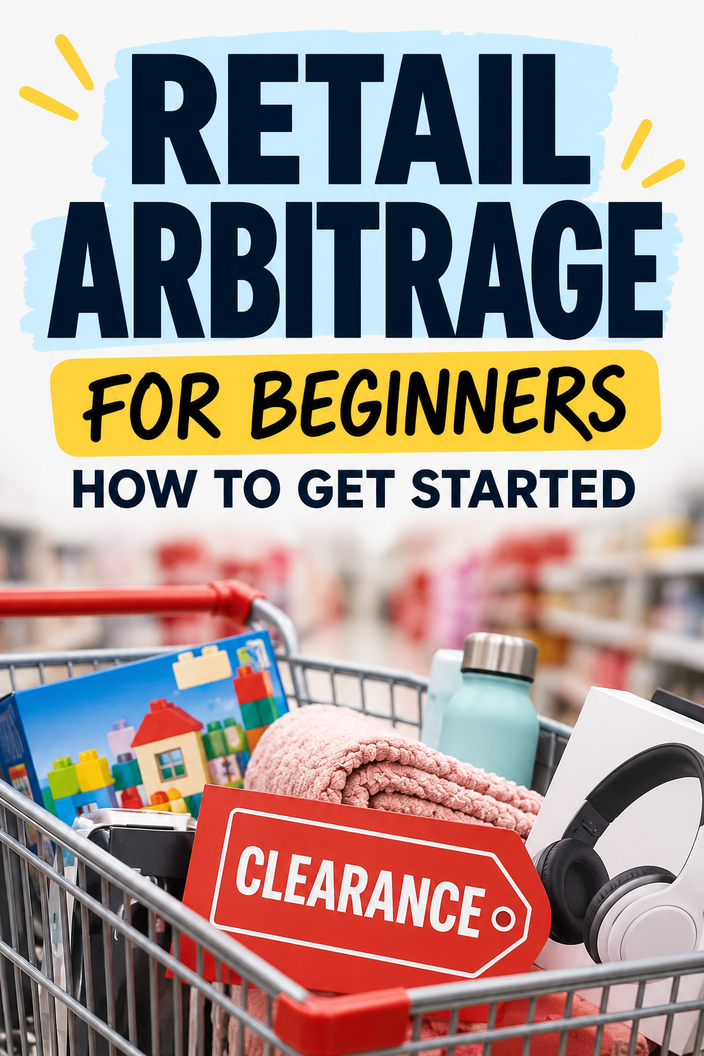 Pinterest graphic featuring a shopping cart filled with clearance merchandise and the text “Retail Arbitrage for Beginners: How to Get Started.”