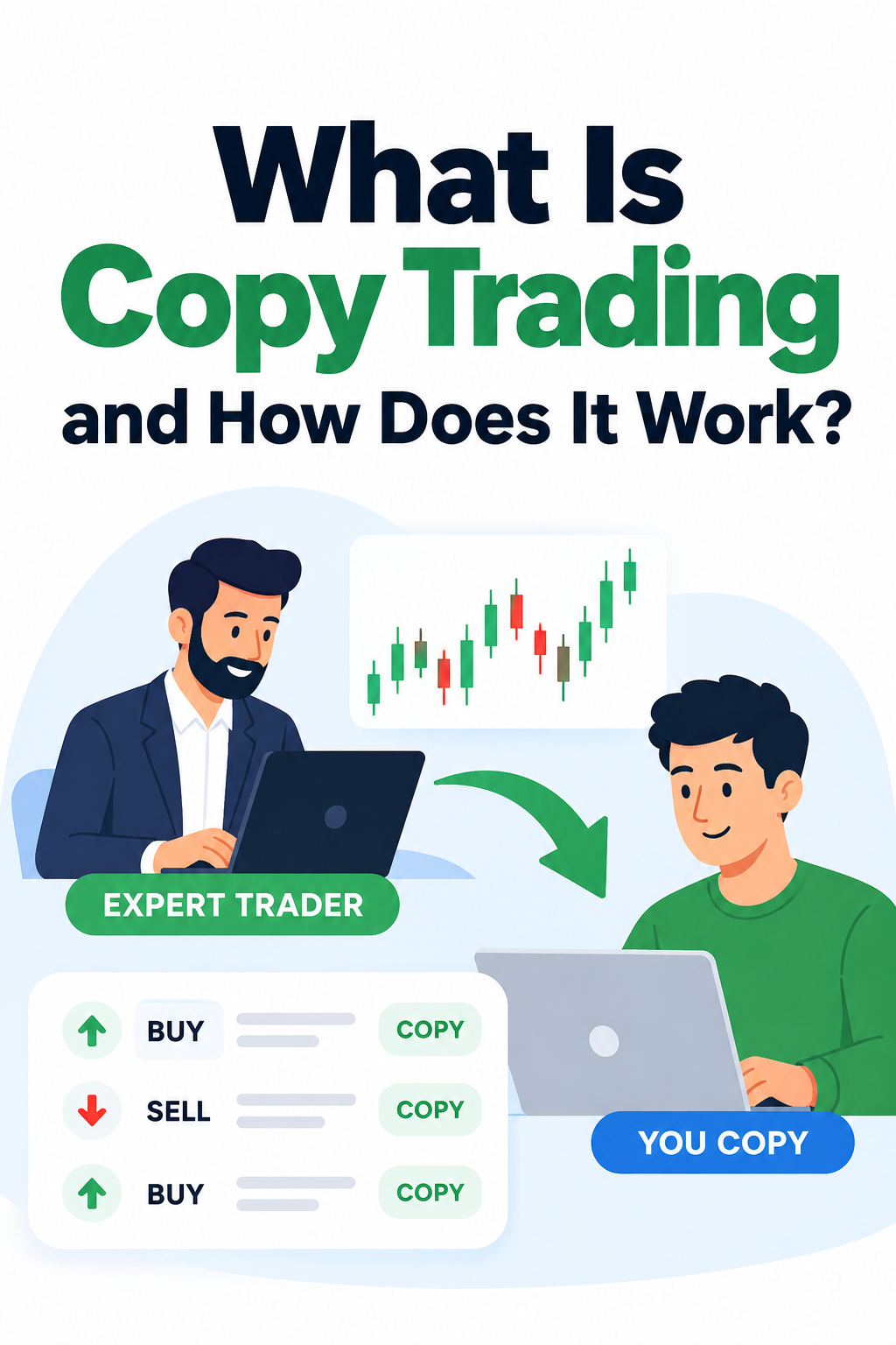 Pinterest graphic explaining copy trading, featuring an expert trader and a beginner investor automatically copying buy and sell trades.